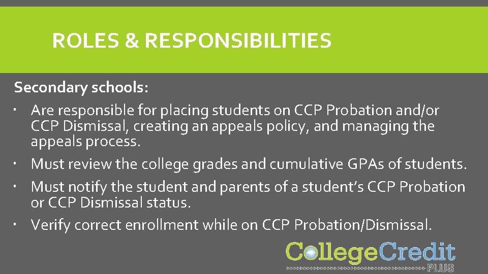 ROLES & RESPONSIBILITIES Secondary schools: Are responsible for placing students on CCP Probation and/or