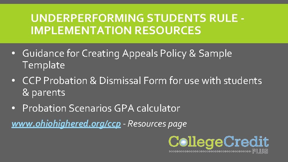 UNDERPERFORMING STUDENTS RULE IMPLEMENTATION RESOURCES • Guidance for Creating Appeals Policy & Sample Template