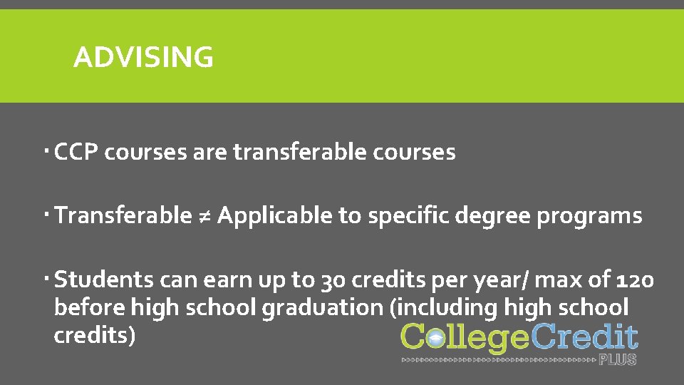 ADVISING CCP courses are transferable courses Transferable ≠ Applicable to specific degree programs Students