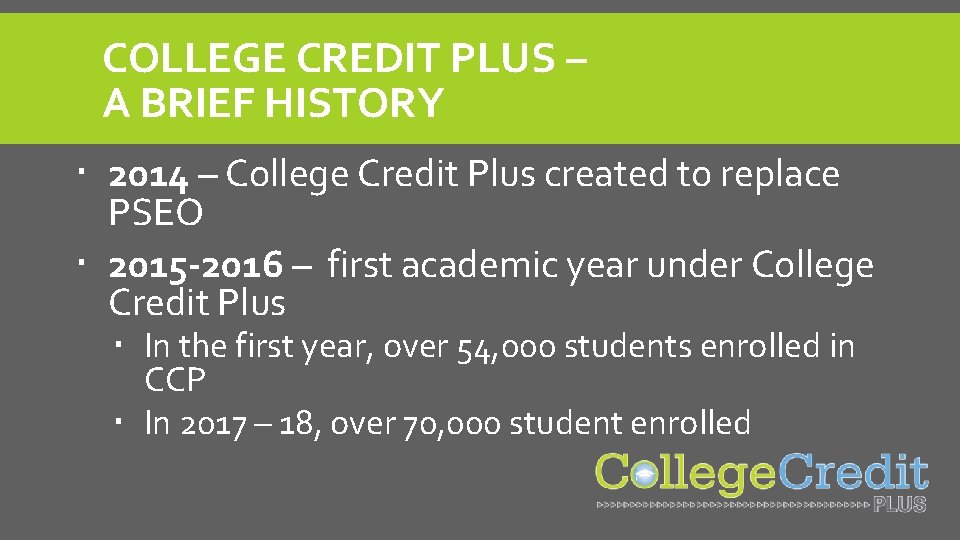 COLLEGE CREDIT PLUS – A BRIEF HISTORY 2014 – College Credit Plus created to
