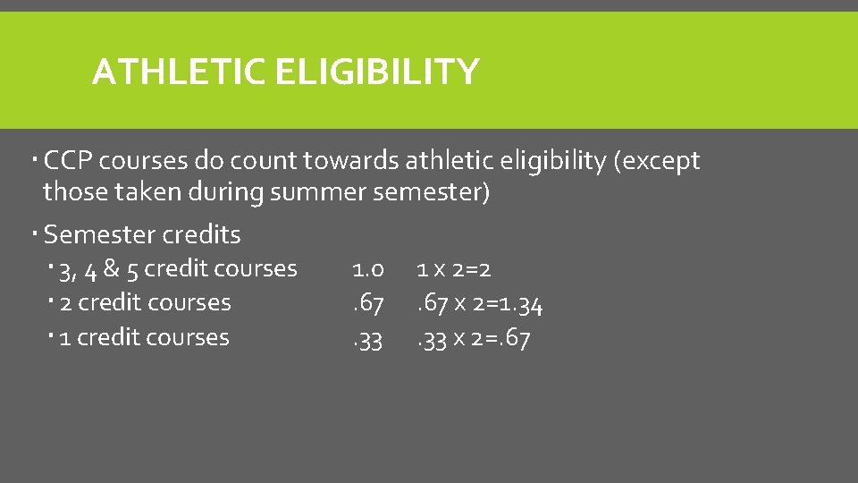 ATHLETIC ELIGIBILITY CCP courses do count towards athletic eligibility (except those taken during summer