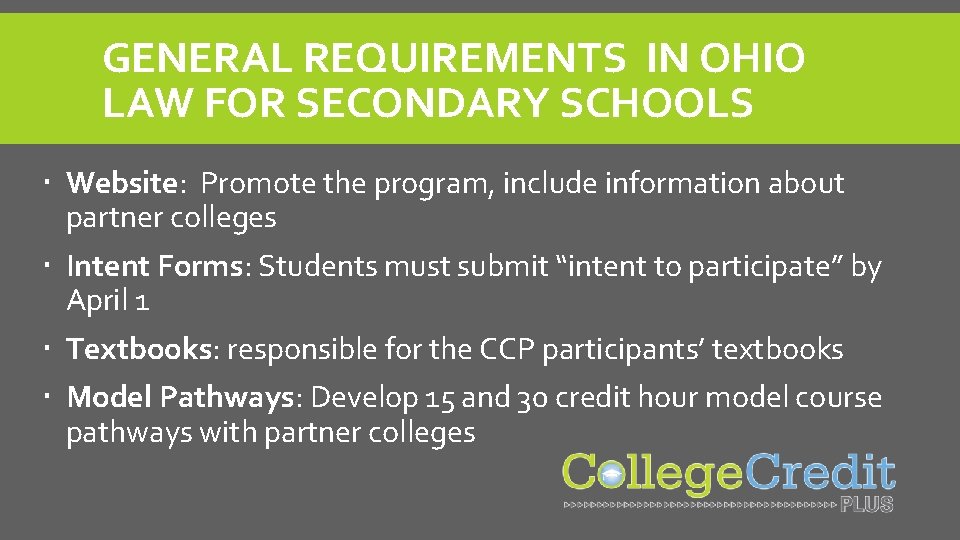 GENERAL REQUIREMENTS IN OHIO LAW FOR SECONDARY SCHOOLS Website: Promote the program, include information