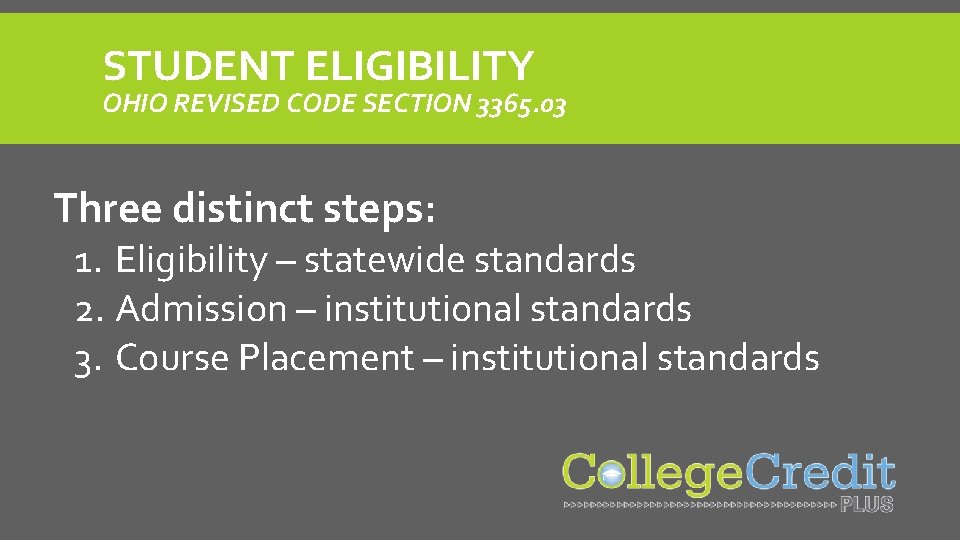 STUDENT ELIGIBILITY OHIO REVISED CODE SECTION 3365. 03 Three distinct steps: 1. Eligibility –