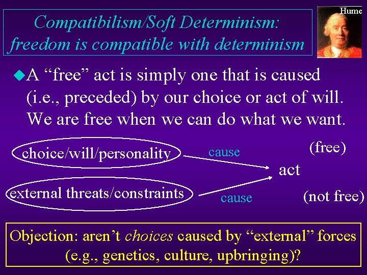 Compatibilism/Soft Determinism: freedom is compatible with determinism Hume u. A “free” act is simply