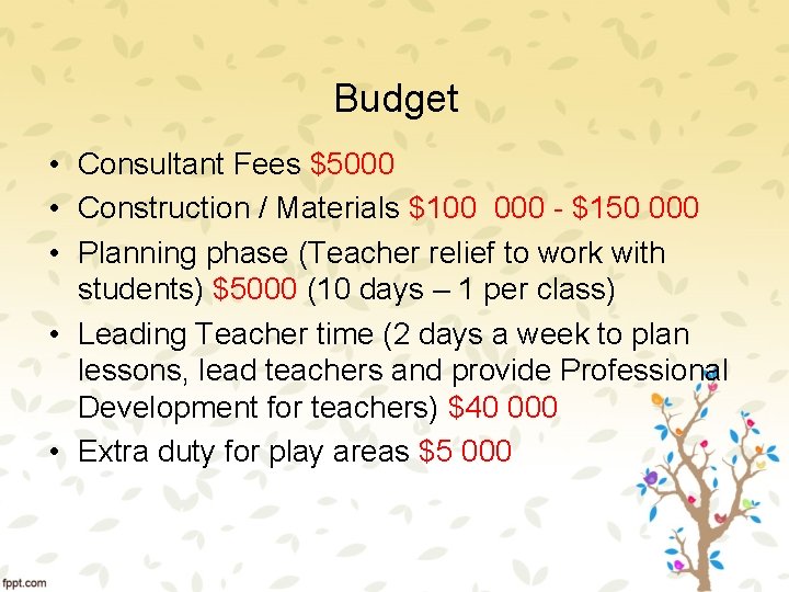 Budget • Consultant Fees $5000 • Construction / Materials $100 000 - $150 000