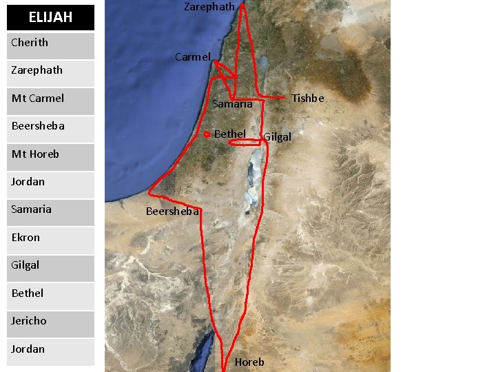ELIJAH Cherith Zarephath Carmel Mt Carmel Tishbe Samaria Beersheba Bethel Gilgal Mt Horeb Jordan