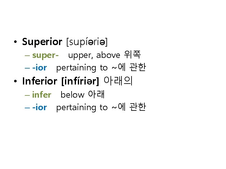  • Superior [supíəriə] – super- upper, above 위쪽 – -ior pertaining to ~에