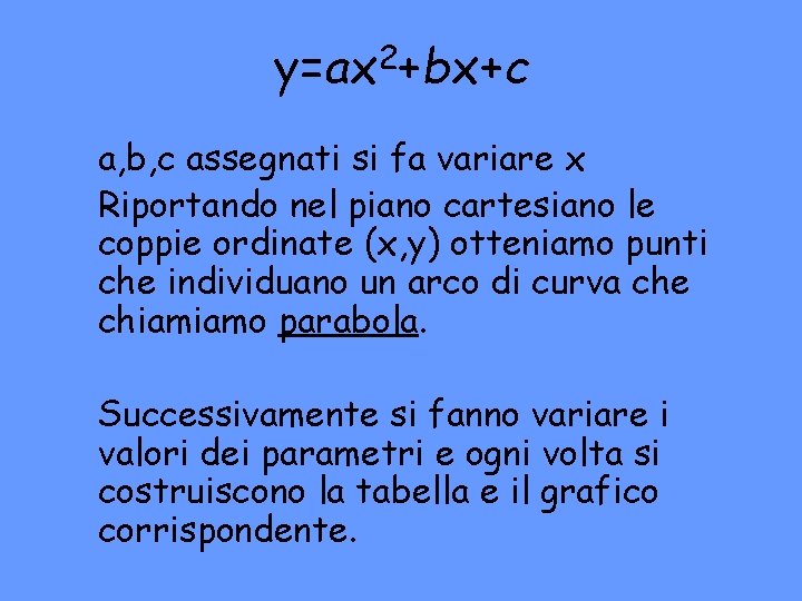 y=ax 2+bx+c a, b, c assegnati si fa variare x Riportando nel piano cartesiano