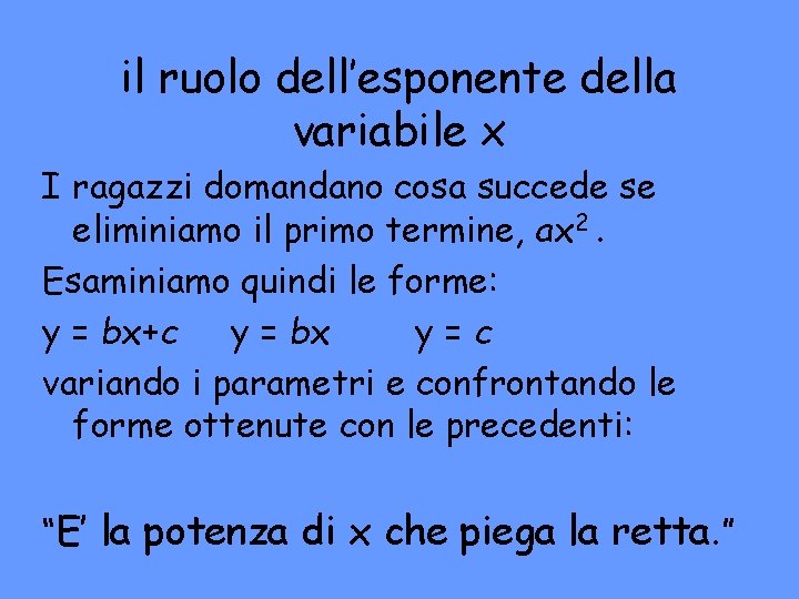 il ruolo dell’esponente della variabile x I ragazzi domandano cosa succede se eliminiamo il