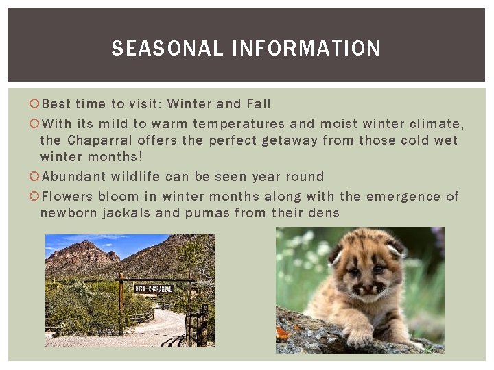 SEASONAL INFORMATION Best time to visit: Winter and Fall With its mild to warm SEASONAL INFORMATION Best time to visit: Winter and Fall With its mild to warm