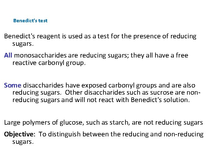 Benedict's test Benedict's reagent is used as a test for the presence of reducing Benedict's test Benedict's reagent is used as a test for the presence of reducing