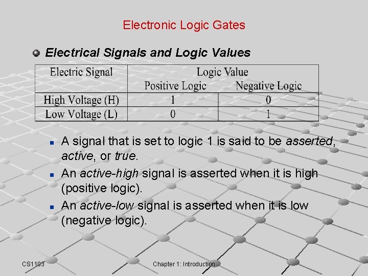 Electronic Logic Gates Electrical Signals and Logic Values n n n CS 1103 A Electronic Logic Gates Electrical Signals and Logic Values n n n CS 1103 A