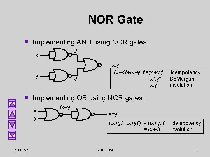NOR Gate § Implementing AND using NOR gates: x' x y y' x. y NOR Gate § Implementing AND using NOR gates: x' x y y' x. y