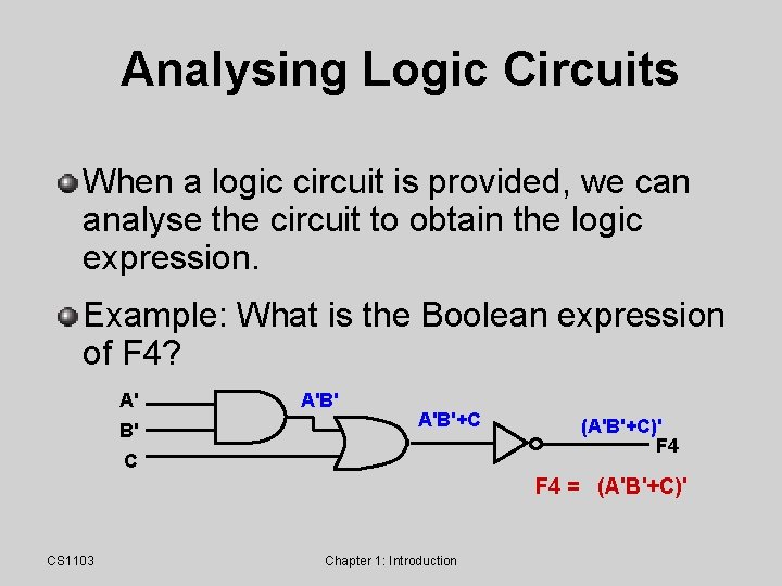Analysing Logic Circuits When a logic circuit is provided, we can analyse the circuit Analysing Logic Circuits When a logic circuit is provided, we can analyse the circuit
