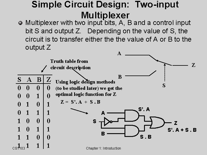 Simple Circuit Design: Two-input Multiplexer with two input bits, A, B and a control Simple Circuit Design: Two-input Multiplexer with two input bits, A, B and a control