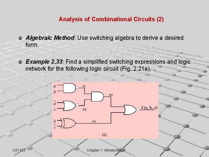 Analysis of Combinational Circuits (2) Algebraic Method: Use switching algebra to derive a desired Analysis of Combinational Circuits (2) Algebraic Method: Use switching algebra to derive a desired