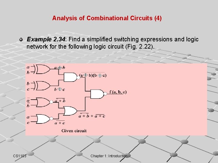 Analysis of Combinational Circuits (4) Example 2. 34: Find a simplified switching expressions and Analysis of Combinational Circuits (4) Example 2. 34: Find a simplified switching expressions and