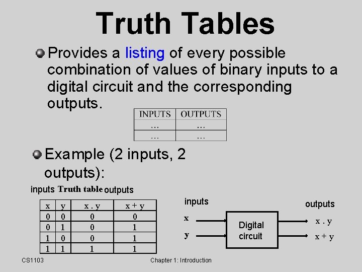 Truth Tables Provides a listing of every possible combination of values of binary inputs Truth Tables Provides a listing of every possible combination of values of binary inputs