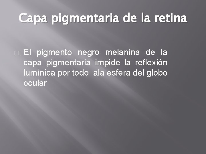 Capa pigmentaria de la retina � El pigmento negro melanina de la capa pigmentaria Capa pigmentaria de la retina � El pigmento negro melanina de la capa pigmentaria