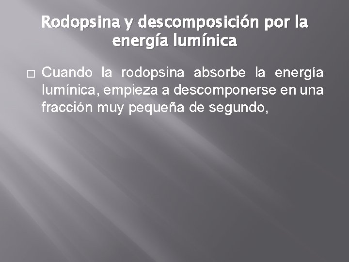 Rodopsina y descomposición por la energía lumínica � Cuando la rodopsina absorbe la energía Rodopsina y descomposición por la energía lumínica � Cuando la rodopsina absorbe la energía