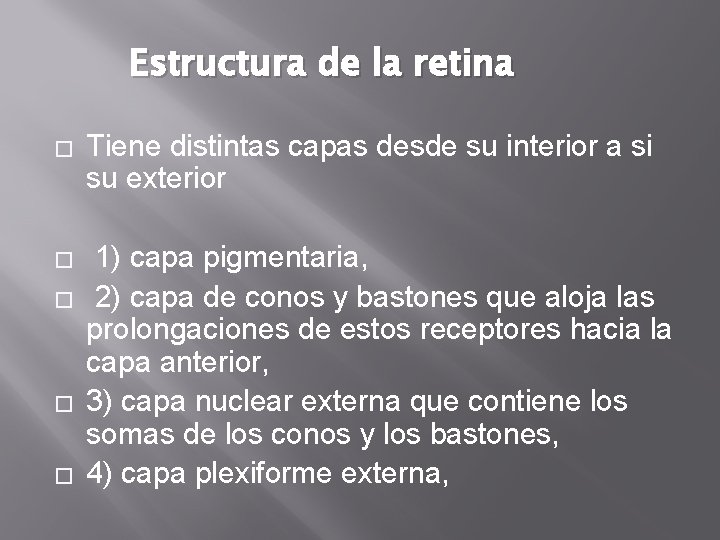 Estructura de la retina � Tiene distintas capas desde su interior a si su Estructura de la retina � Tiene distintas capas desde su interior a si su