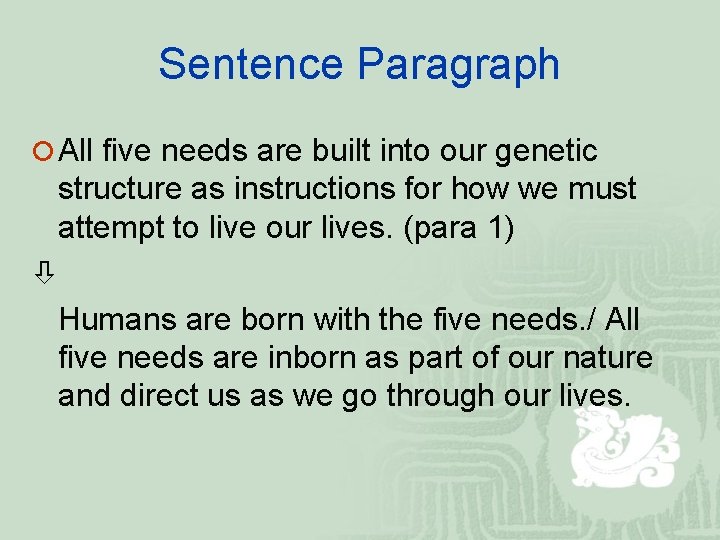 Sentence Paragraph ¡ All five needs are built into our genetic structure as instructions