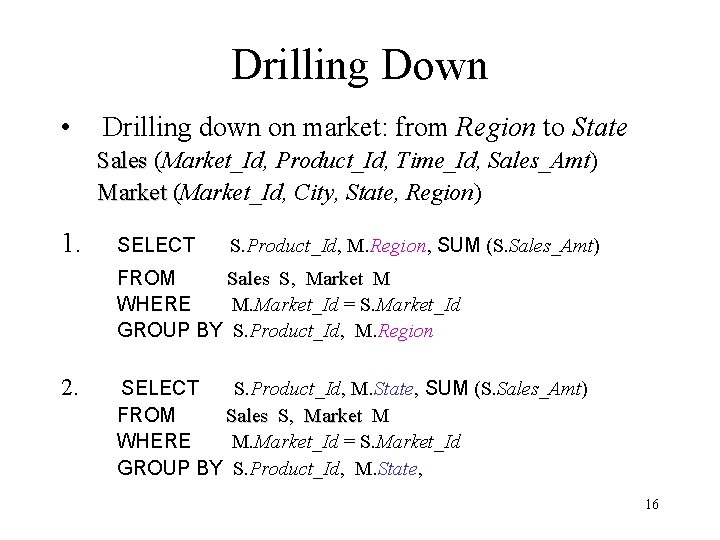 Drilling Down • Drilling down on market: from Region to State Sales (Market_Id, Product_Id,