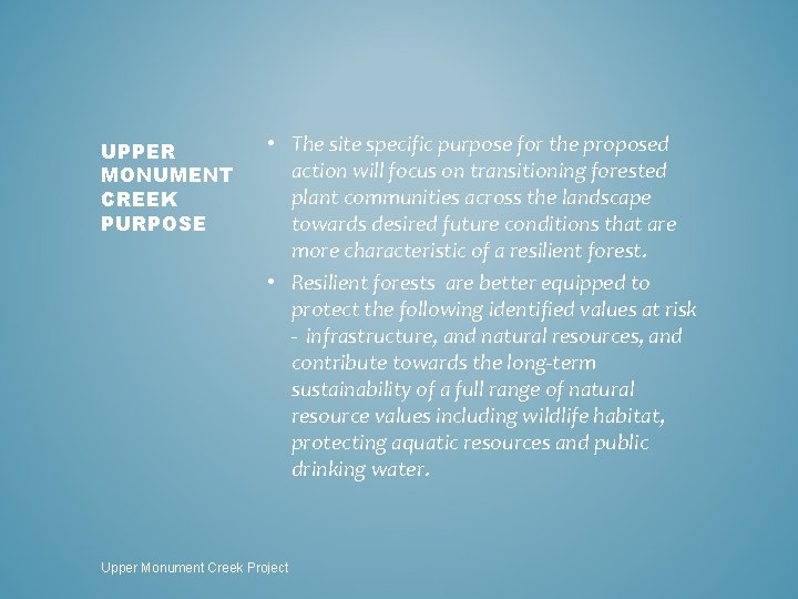 UPPER MONUMENT CREEK PURPOSE • The site specific purpose for the proposed action will