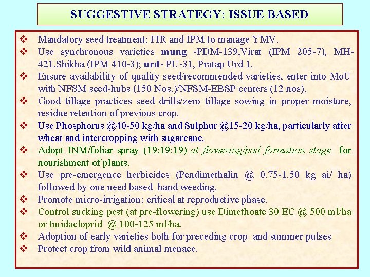 SUGGESTIVE STRATEGY: ISSUE BASED v Mandatory seed treatment: FIR and IPM to manage YMV. SUGGESTIVE STRATEGY: ISSUE BASED v Mandatory seed treatment: FIR and IPM to manage YMV.