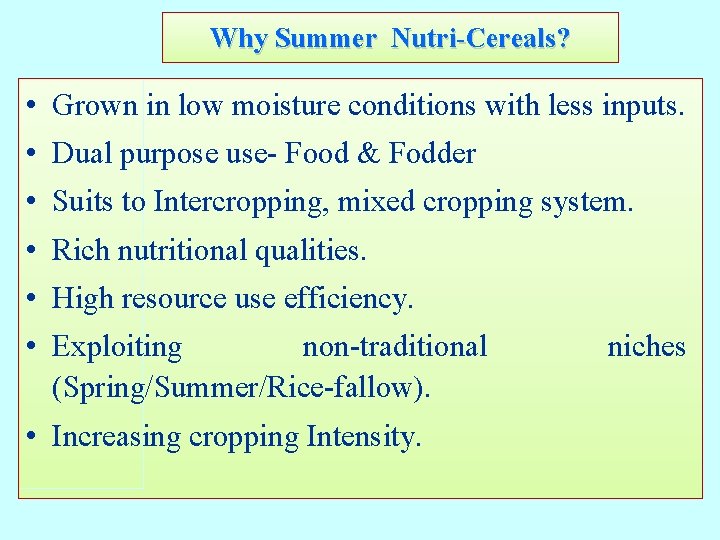 Why Summer Nutri-Cereals? • Grown in low moisture conditions with less inputs. • Dual Why Summer Nutri-Cereals? • Grown in low moisture conditions with less inputs. • Dual