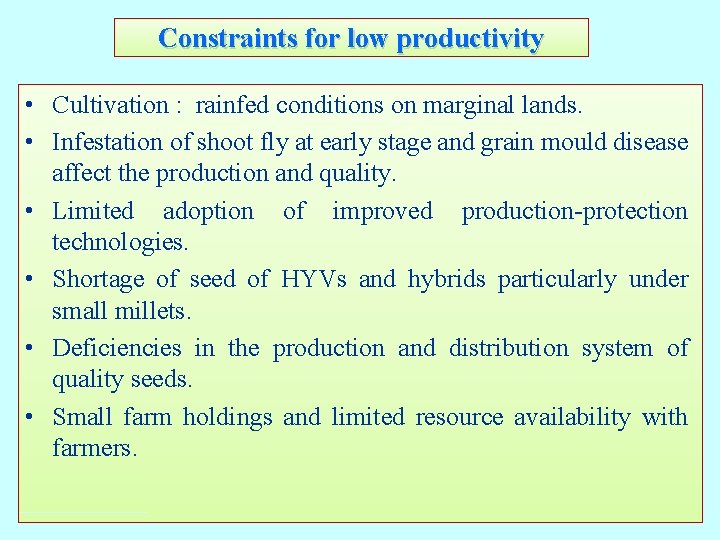 Constraints for low productivity • Cultivation : rainfed conditions on marginal lands. • Infestation Constraints for low productivity • Cultivation : rainfed conditions on marginal lands. • Infestation