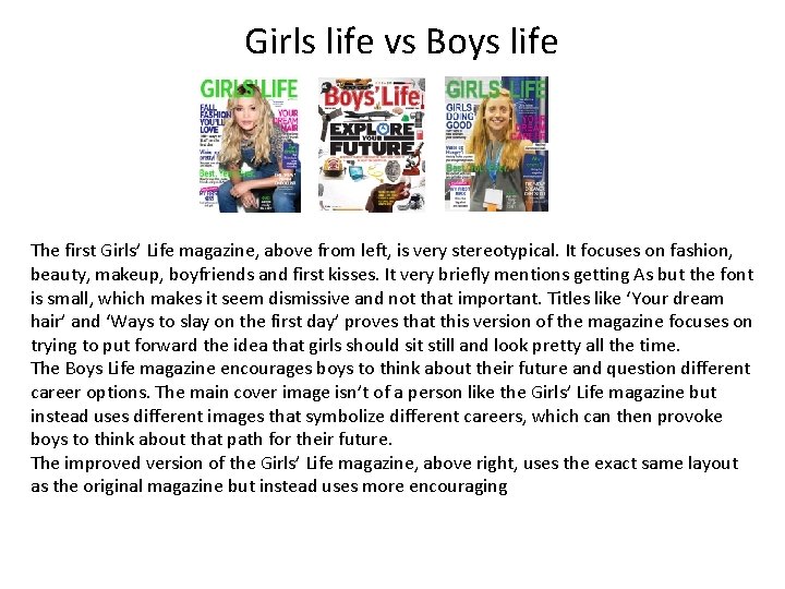 Girls life vs Boys life The first Girls’ Life magazine, above from left, is