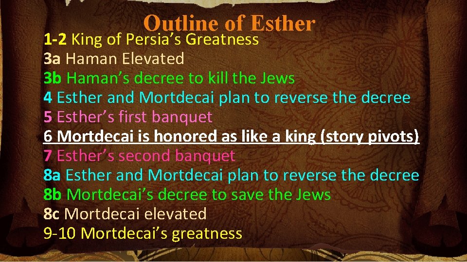 Outline of Esther 1 -2 King of Persia’s Greatness 3 a Haman Elevated 3 Outline of Esther 1 -2 King of Persia’s Greatness 3 a Haman Elevated 3