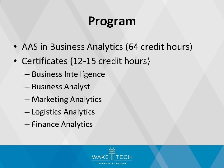 Program • AAS in Business Analytics (64 credit hours) • Certificates (12 -15 credit