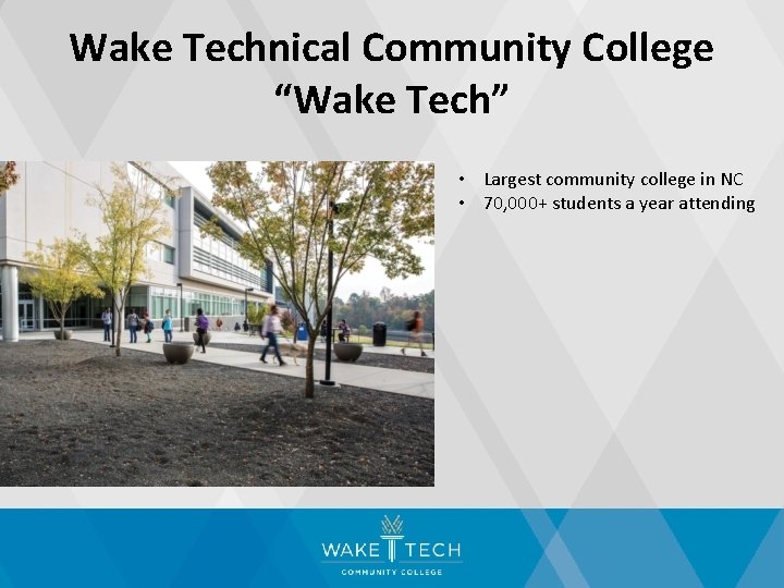 Wake Technical Community College “Wake Tech” • Largest community college in NC • 70,