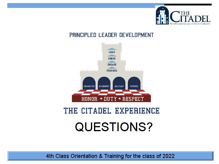 QUESTIONS? 4 th Class Orientation & Training for the class of 2022 
