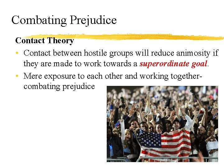 Combating Prejudice Contact Theory • Contact between hostile groups will reduce animosity if they