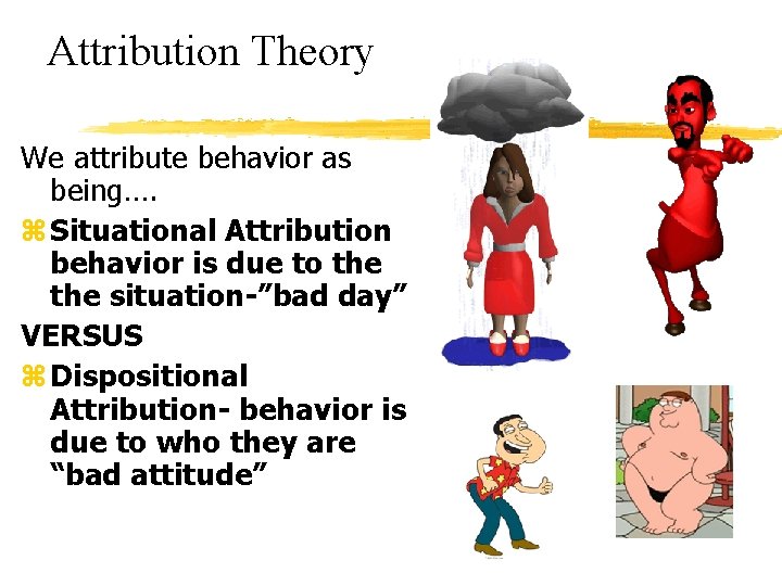 Attribution Theory We attribute behavior as being…. z Situational Attribution behavior is due to