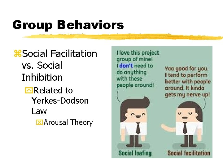 Group Behaviors z. Social Facilitation vs. Social Inhibition y. Related to Yerkes-Dodson Law x.