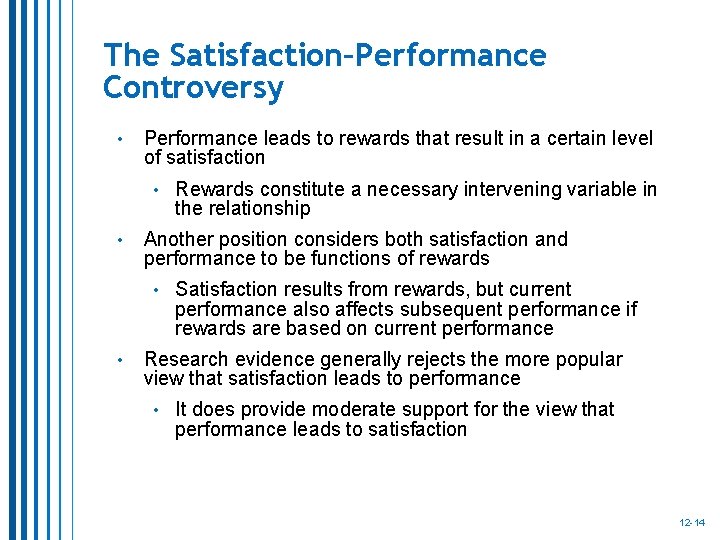 The Satisfaction–Performance Controversy • Performance leads to rewards that result in a certain level The Satisfaction–Performance Controversy • Performance leads to rewards that result in a certain level