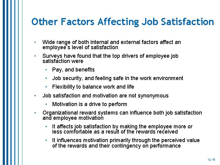Other Factors Affecting Job Satisfaction • Wide range of both internal and external factors Other Factors Affecting Job Satisfaction • Wide range of both internal and external factors