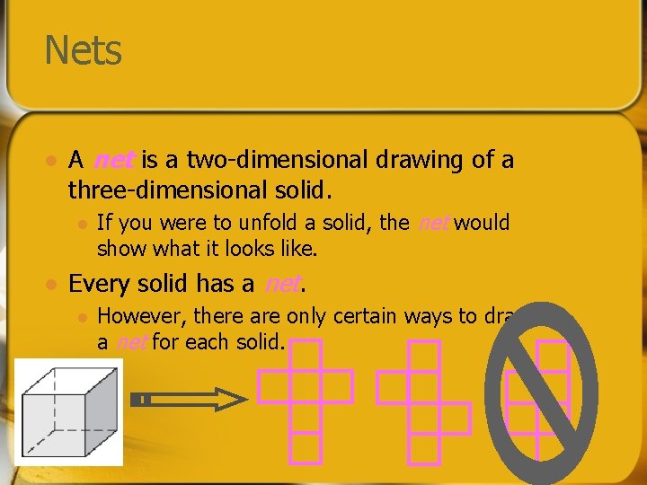 Nets l A net is a two-dimensional drawing of a three-dimensional solid. l l