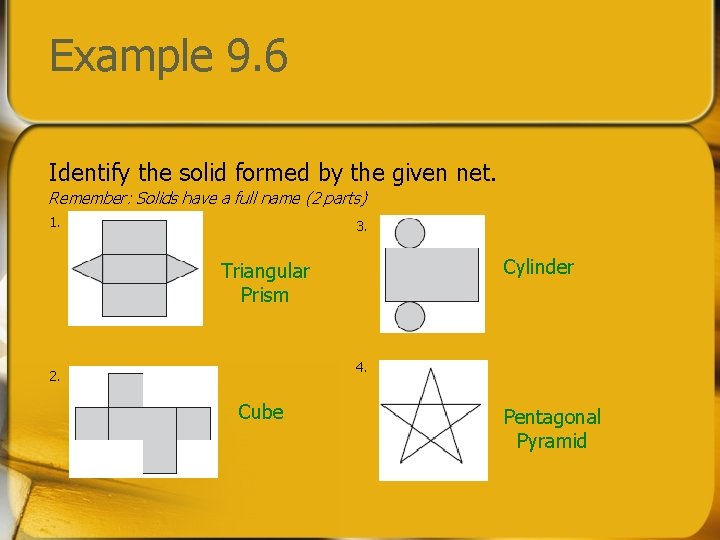 Example 9. 6 Identify the solid formed by the given net. Remember: Solids have