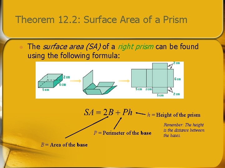 Theorem 12. 2: Surface Area of a Prism l The surface area (SA) of