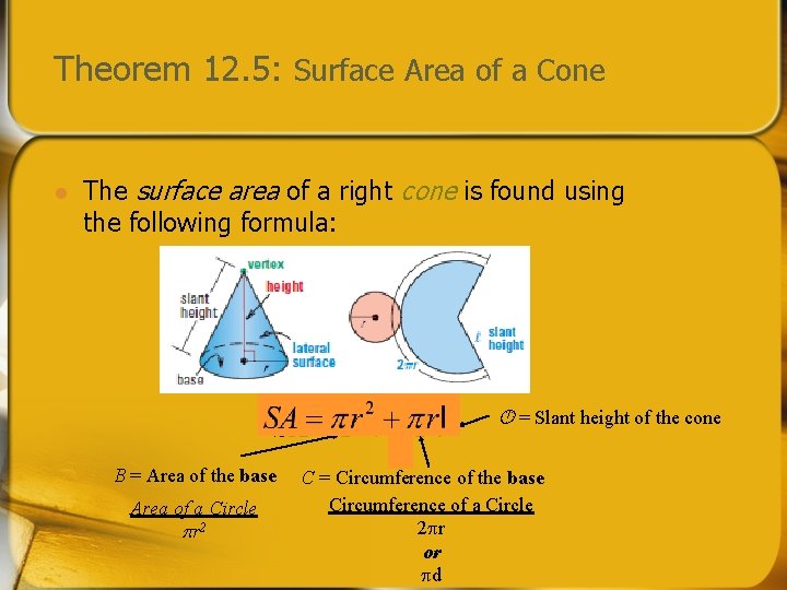 Theorem 12. 5: Surface Area of a Cone l The surface area of a