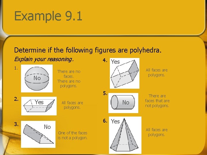Example 9. 1 Determine if the following figures are polyhedra. Explain your reasoning. 1.