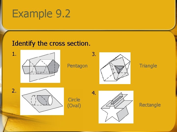 Example 9. 2 Identify the cross section. 1. 3. Pentagon 2. Triangle 4. Circle