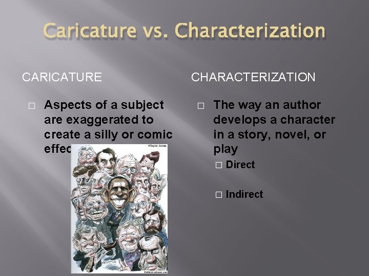 Caricature vs. Characterization CARICATURE � Aspects of a subject are exaggerated to create a