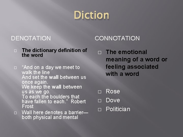 Diction DENOTATION CONNOTATION � The dictionary definition of the word � � “And on