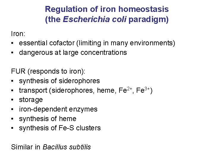 Regulation of iron homeostasis (the Escherichia coli paradigm) Iron: • essential cofactor (limiting in